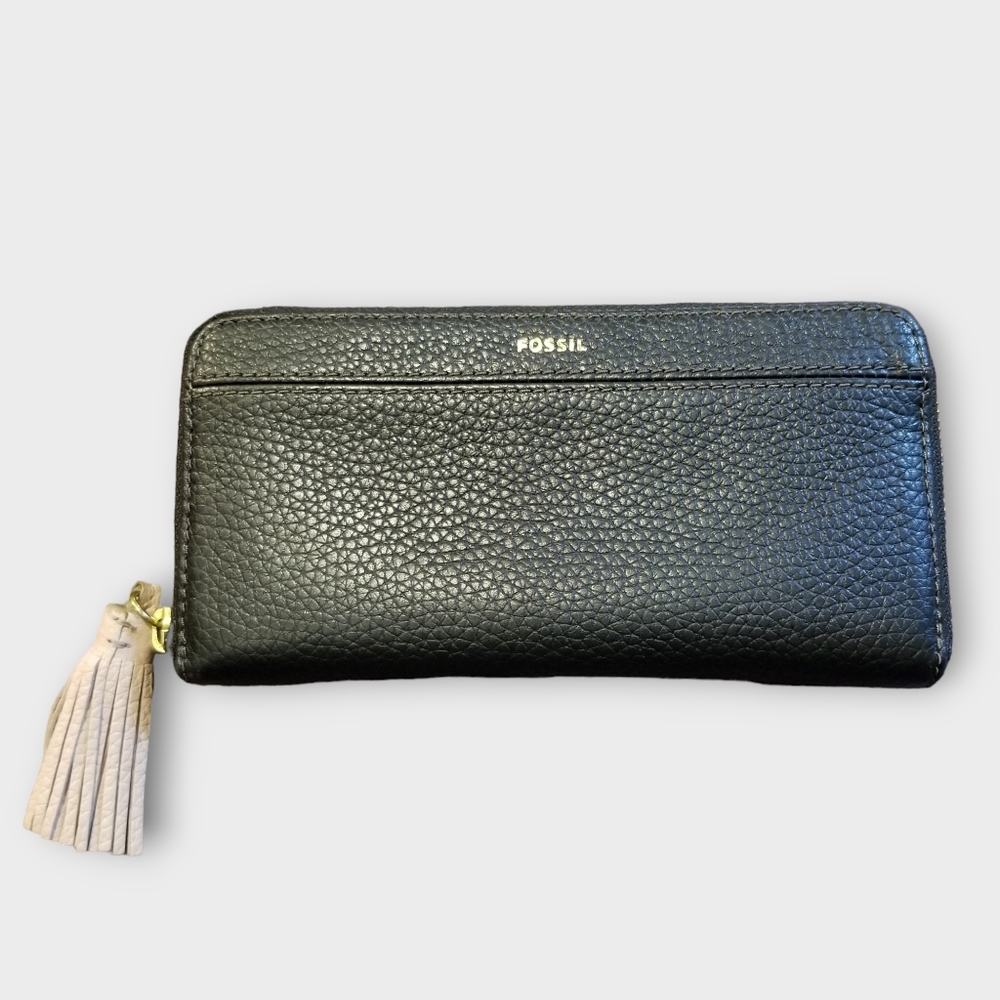Fossil Tara Zip Around Clutch Wallet, Black with Pink Tassel